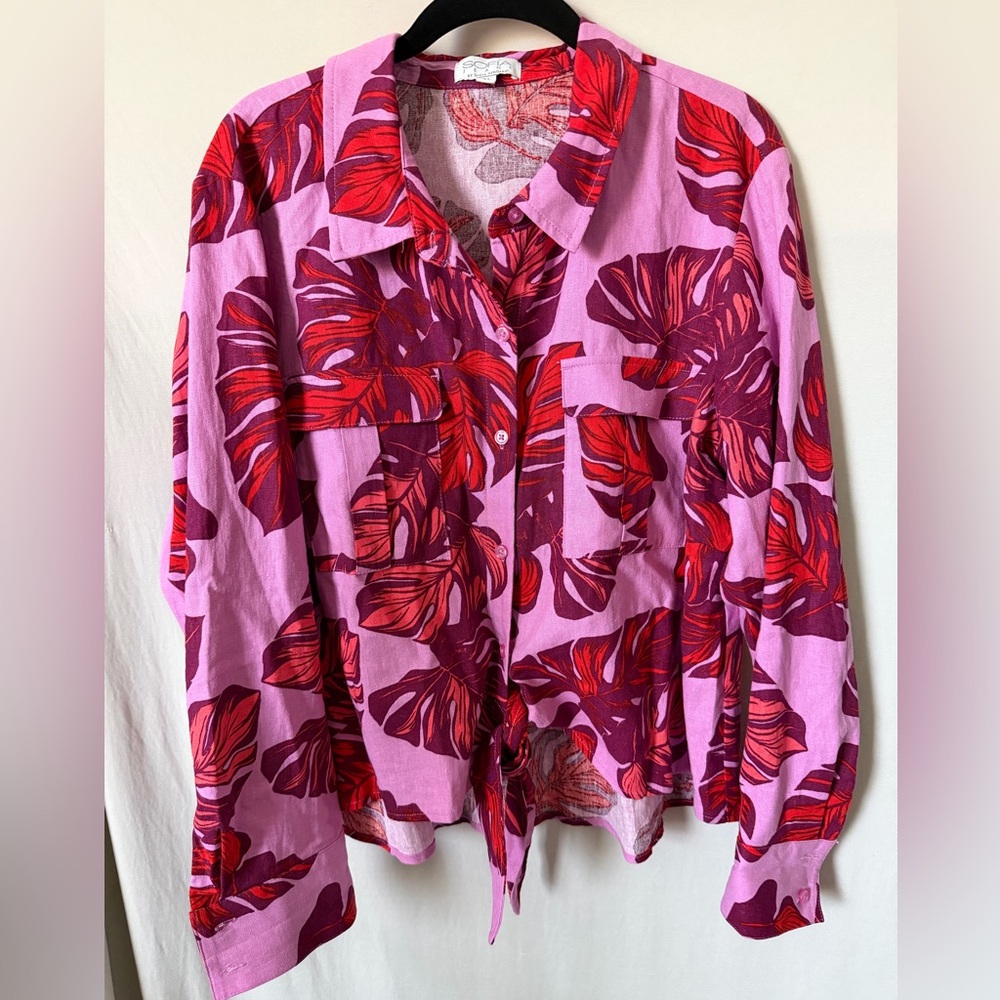 sofia by sofia vergara Pink and Red Tropical Leaf Button-Down Shirt